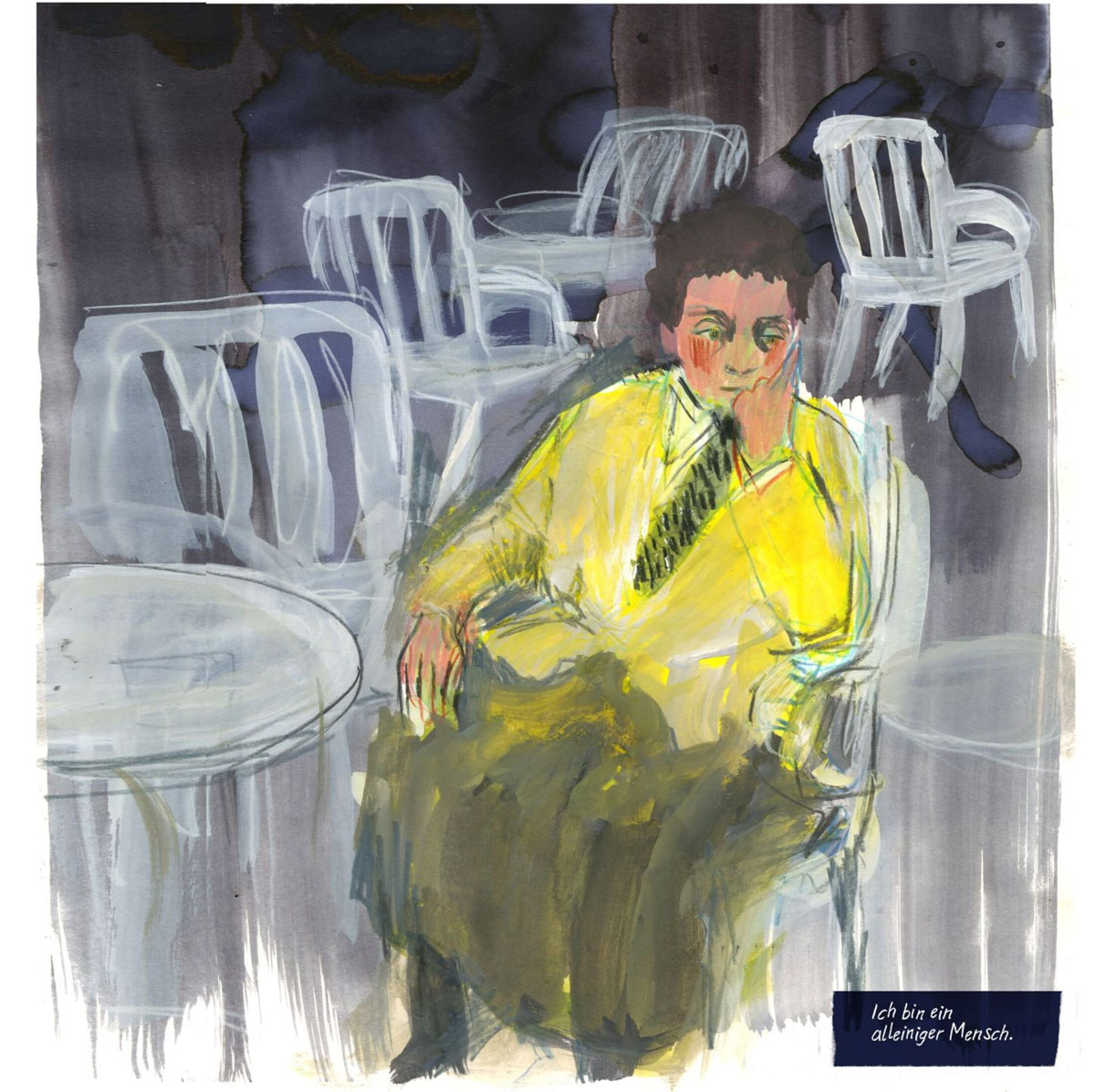 Comic einer Frau in gelb auf einer Terrasse, beschriftet «Ich bin ein alleiniger Mensch.» aus dem Comic von «Die Giehse» von Barbara Yelin
