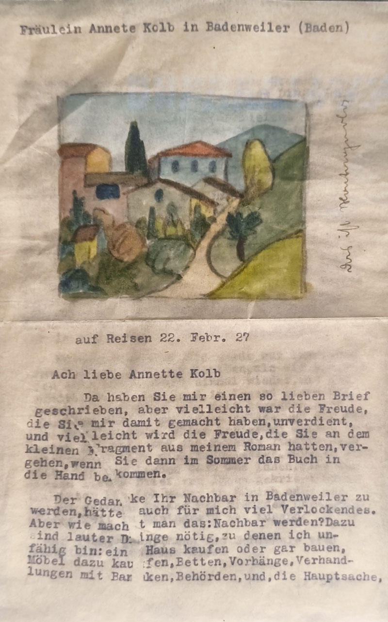 Brief von Herman Hesse an Annette Kolb mit Aquarellzeichnung eines dorfes. #literarischeErkundungen