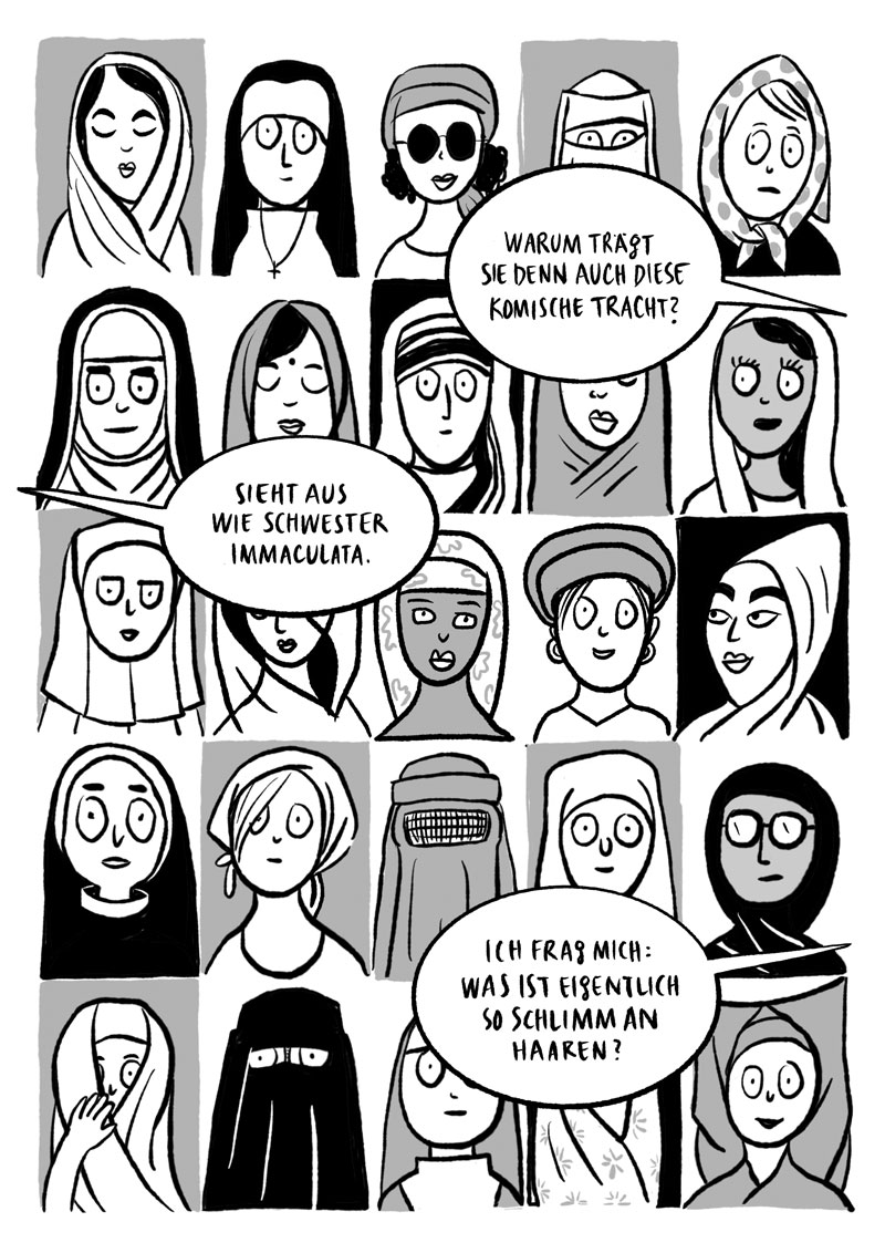 Comic-Seite mit Frauenköpfen in schwarz-weiß und drei Sprechblasen: Auszug aus «Glaub mir» von Jutta Pilgram