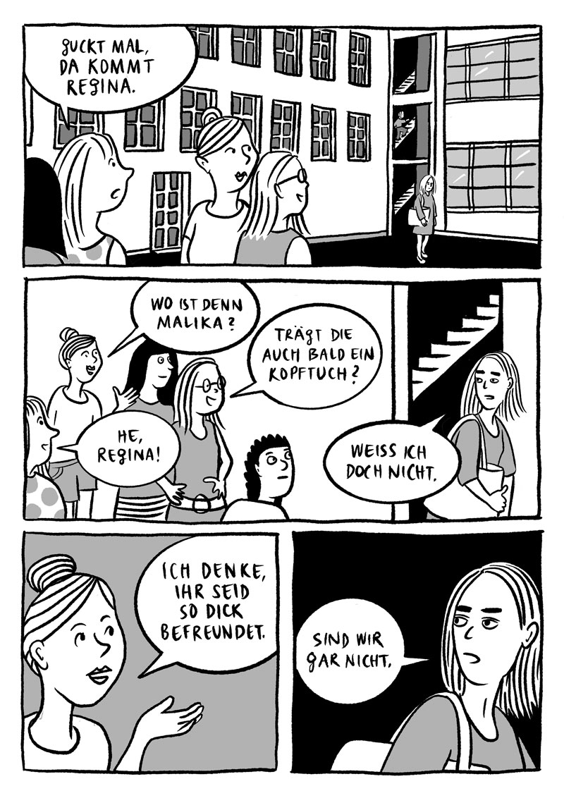Auszug aus dem Comic «Glaub mir» von Jutta Pilgram, horizontal in drei Ebenen gelgliedert, Frauenfiguren und Sprechblasen