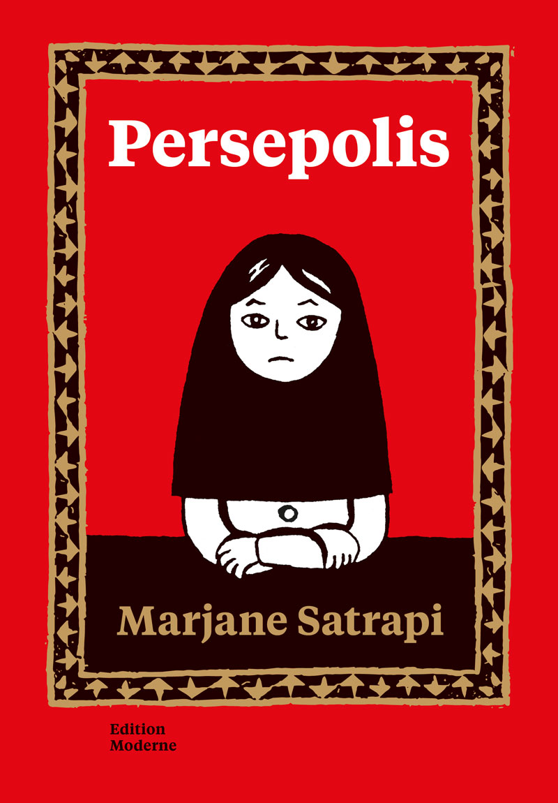 rotes comic-Cover mit schematischer Frau in schwarz-weiß, beschriftet Persepolis von Marjane Satrapi
