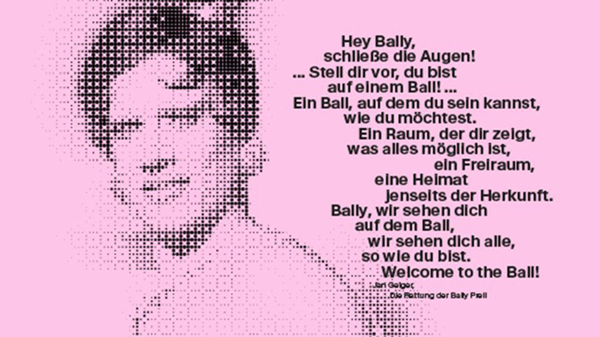 Gerasterter Frauenkopf auf rosa Grund, beschriftet. Vicky Voyage als Bally Prell. #FemaleHeritage