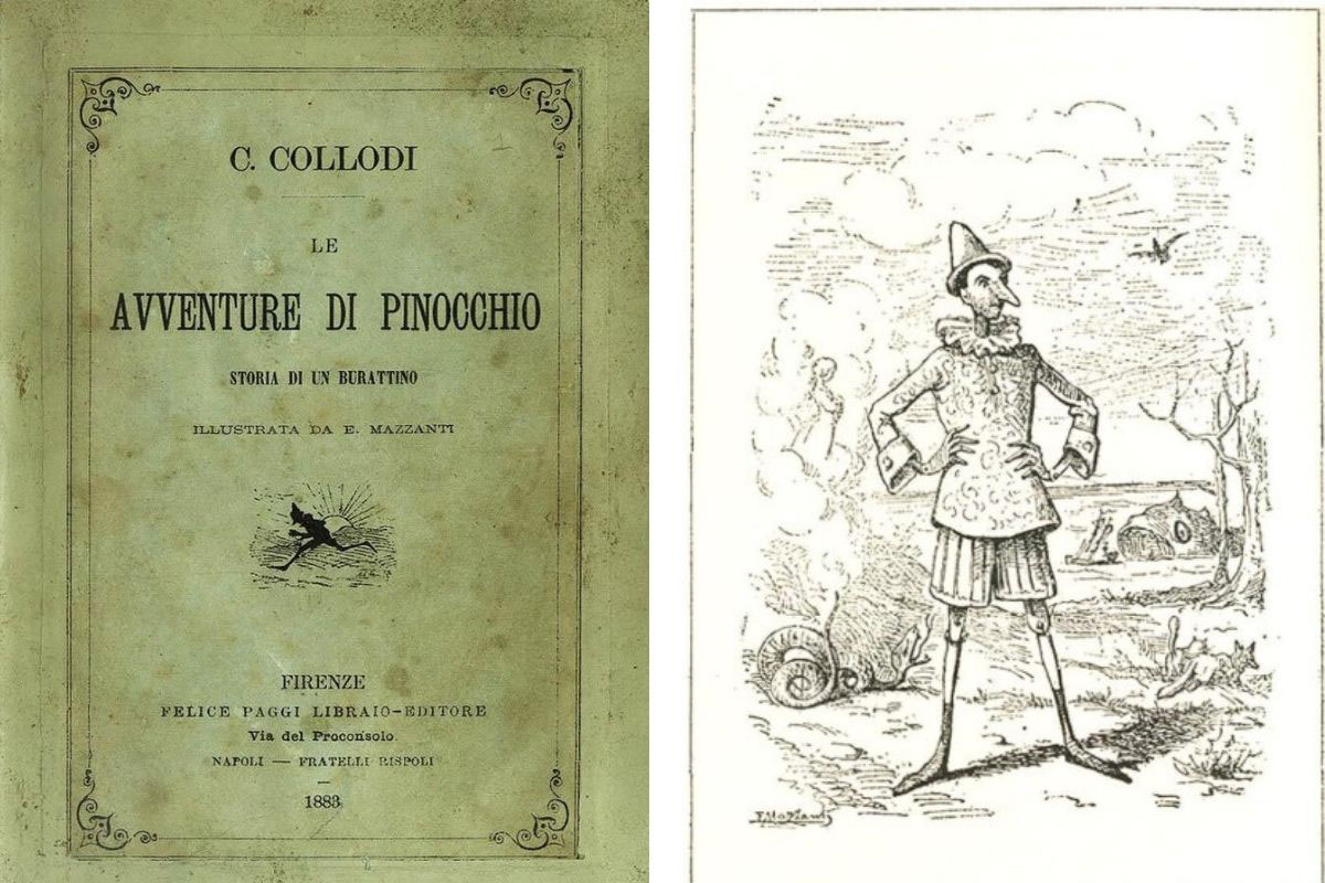 Buchcover von avventure di Pinocchio von C. Collodi von 1883 und Illustration mit Pinocchio