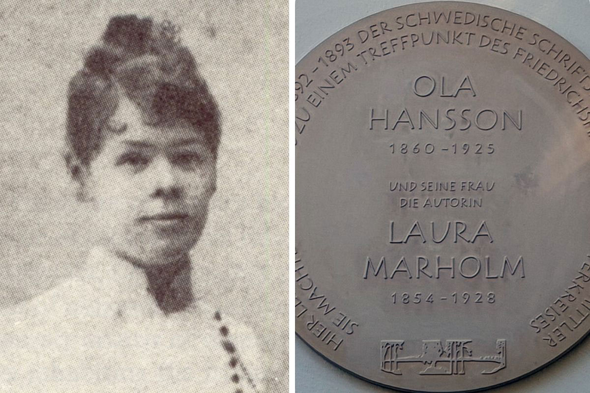 Collage: Porträt von Laura Marholm und Gedenktafel an ihrem Wohnhaus in Berlin-Friedrichshagen.