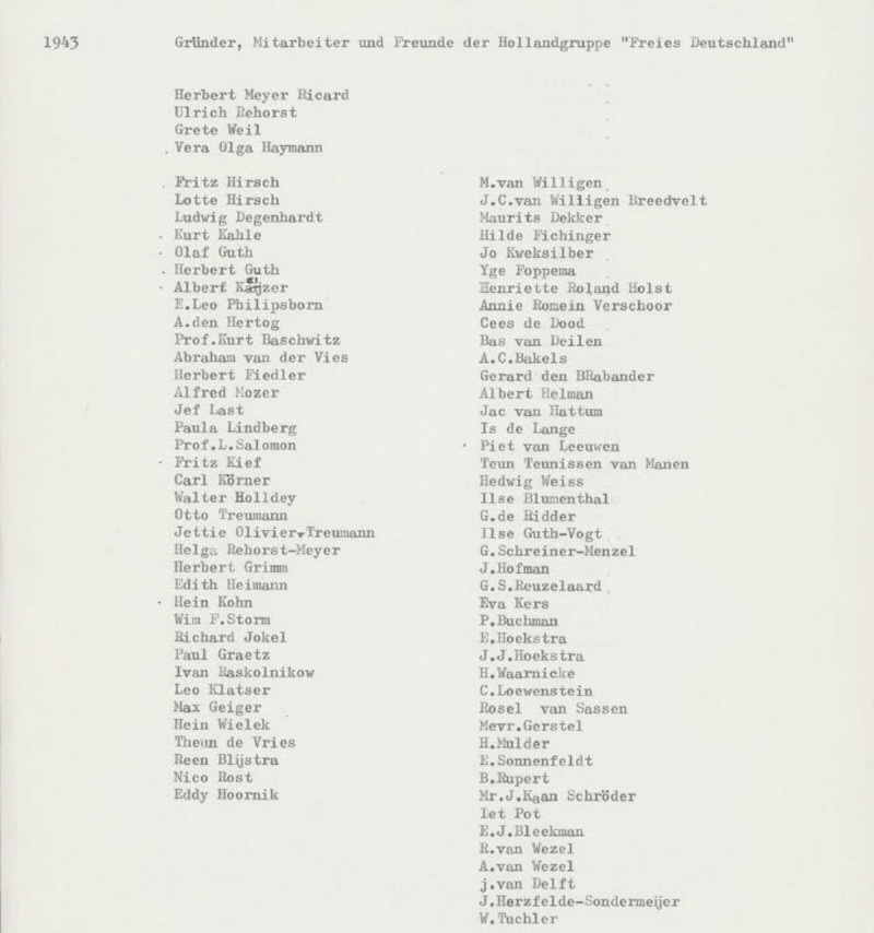 Liste der Mitglieder der «Hollandgruppe Freies Deutschland» (2. Seiten). © Nachlass Herbert Meyer-Ricard, Widerstandsmuseum Amsterdam
