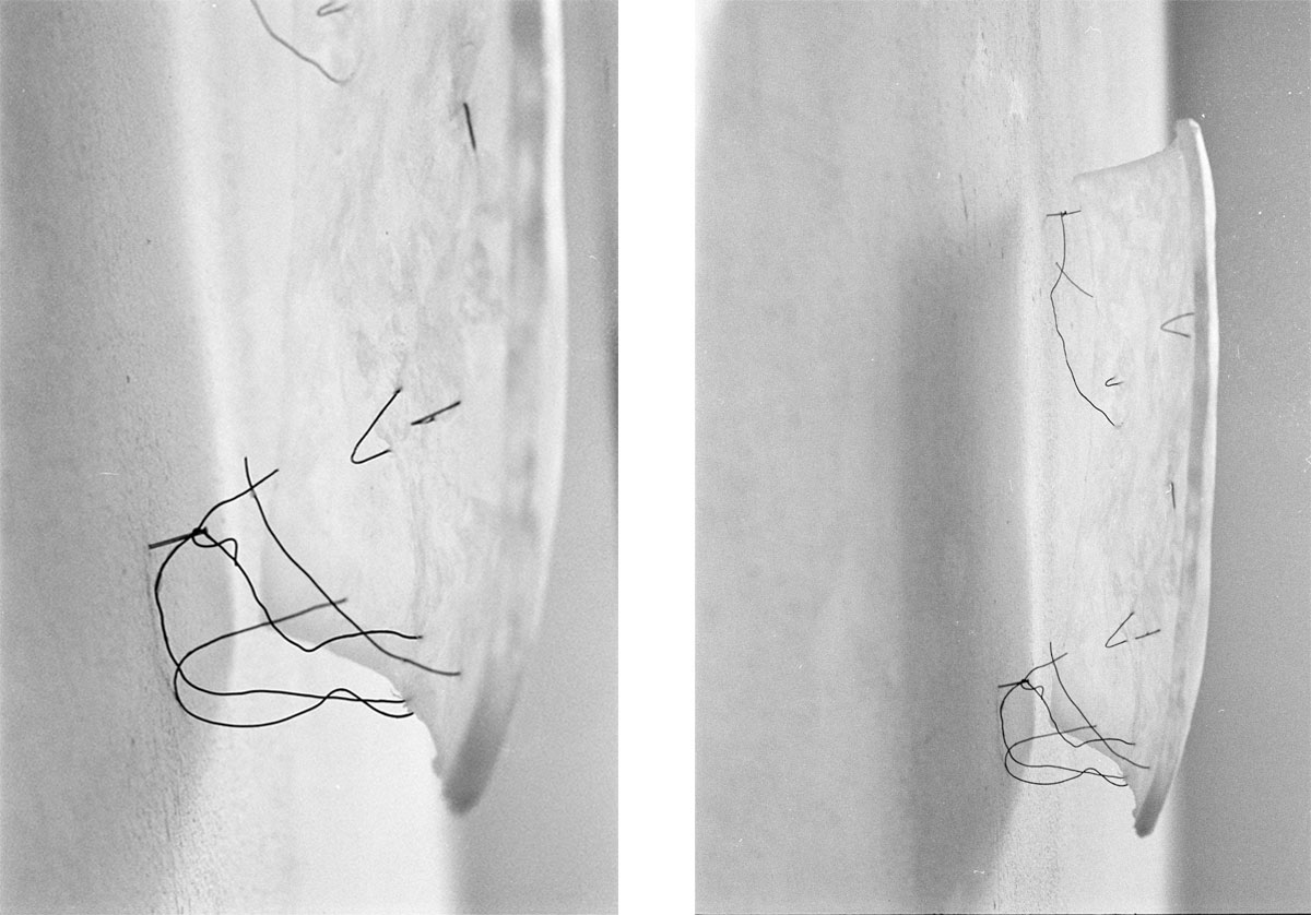 2 Detailansichten: Prototyp: rückläufiger Linienverlauf. Die gezeichneten Drahtlinien als mögliche Hängefunktion. Verhandlung von Licht und Papier. Mit Wachs behandelter Papierkörper weist veränderte Transparenz und Lichtdurchlässigkeit auf. S© Miriam Salamander