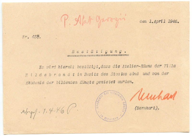 Schreiben vom 1. April 1946 zur Anmietung von Klassenräumen im Hildebrandhaus, AdBK München, Archiv, Personalakte Theodor Georgii
